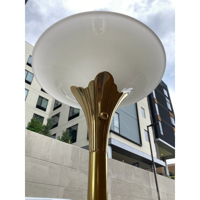 Mid 20th Century Modernist Solid Brass Tulip Torchiere Floor Lamp Milk Glass Diffuser by the Stiffel Company For Sale - Image 5 of 13