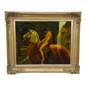 Late 20th Century Lady Godiva Painting After John Collier Painting Medieval Equestrian Nude Framed