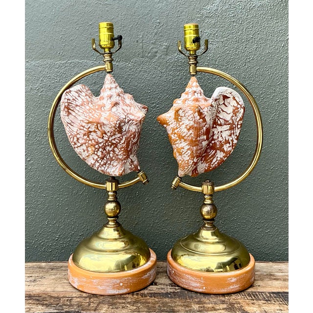 Vintage Brass and Wood Shell Lamps - Pair For Sale - Image 12 of 12