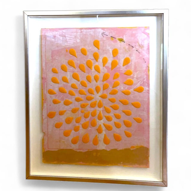 Mid-Century Modern 60's Abstract Safron Op Art Acrylic on Bruised Pink Watercolor Paper Chrome Framed Glass For Sale - Image 3 of 14