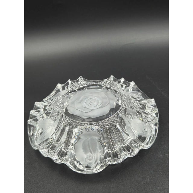 Vintage Clear Glass Rose Etched Vanity Trinket Dish- Scalloped Edges For Sale - Image 11 of 18