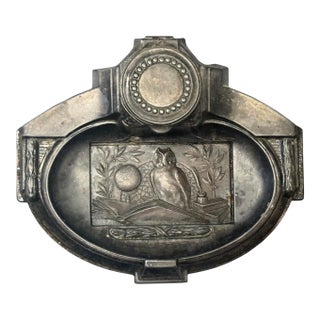 1930s French Art Deco Spelter Owl & Book Form Scholar’s Desk Inkwell For Sale