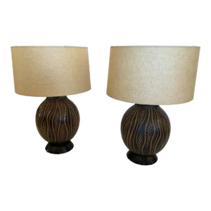 Black & Orange Hand Crafted Pottery Table Lamps -A Pair