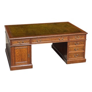 Large Antique Oak Pedestal Partners Desk, 1880 For Sale
