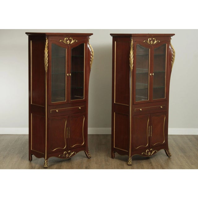 High Quality Custom Crafted Pair of Mahogany Display Cabinets, Mirror Backs, Lighted Interior, Adjustable Shelves