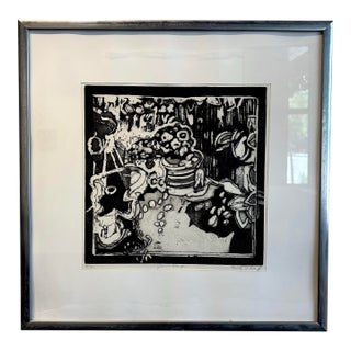 Vintage Late 60s Monochrome Abstract Floral Lithograph Print For Sale