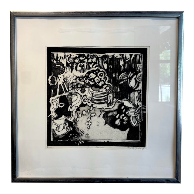 Vintage Late 60s Monochrome Abstract Floral Lithograph Print For Sale