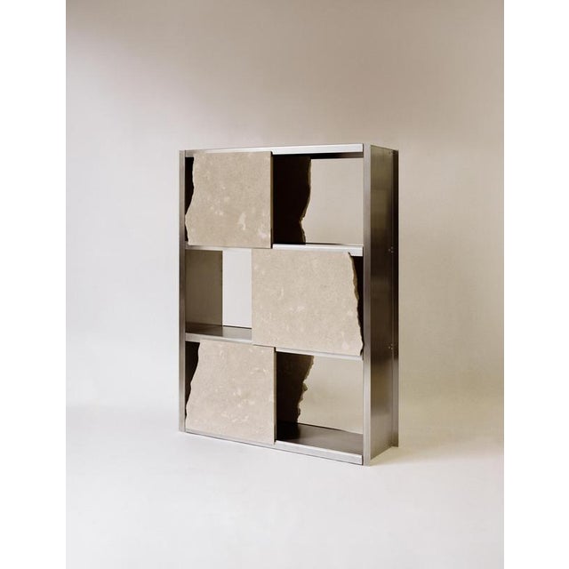 Contemporary Aderiva Cabinet in Moleanos Limestone and Stainless Steel by Rosana Sousa For Sale - Image 3 of 8