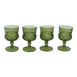 Indiana Glass Kings Crown Thumbprint Retro Avocado Green Four Goblets 4437b
