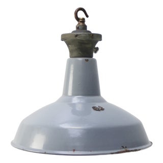 Industrial British Grey Enamel Pendant Lamp, 1950s For Sale