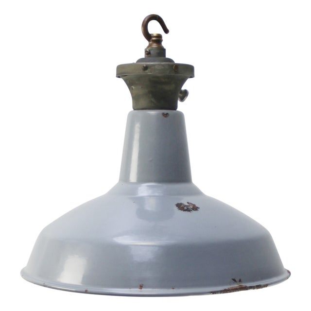 Industrial British Grey Enamel Pendant Lamp, 1950s For Sale