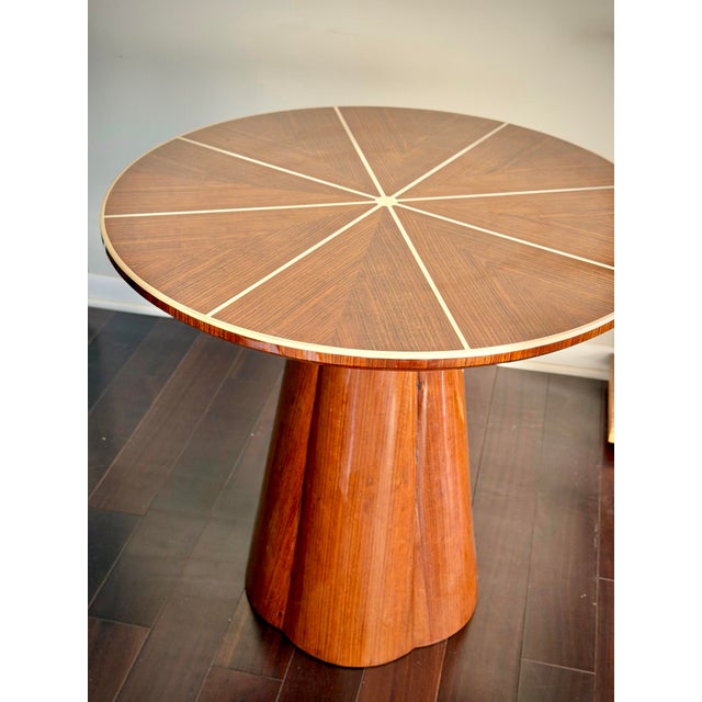 Made Goods Novak Entryway Table in Teak Gloss and Faux Bone Inlay Mid-Century Style Round Pedestal Entry Table For Sale - Image 10 of 12