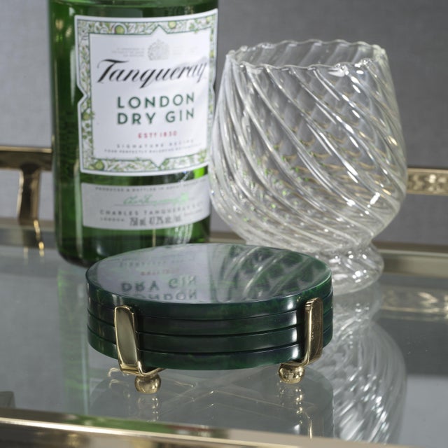 Modern Spiga 4-Piece Set Green Coasters on Gold Stand For Sale - Image 3 of 5