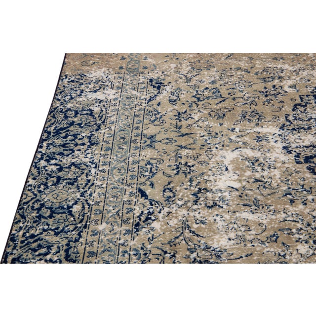 Vintage Handmade Medallion Motif Tan and Blue Distressed Wool Rug For Sale - Image 4 of 11