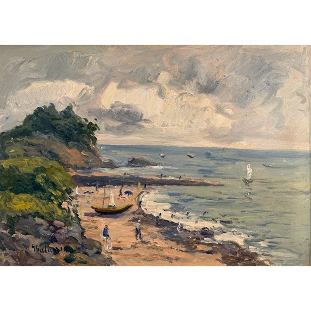 Oil on panel, seascape with figures, Balansino, 20th century Oil on panel depicting a beach with boats and figures. Signed...
