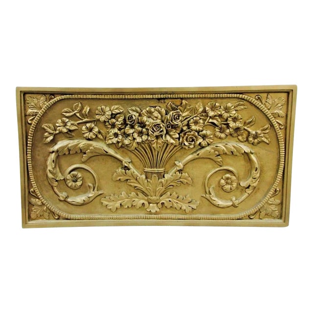 1990s Louis XVI Style Rose Basket Floral Raised Wall Plaque With Foliate Tendrils For Sale