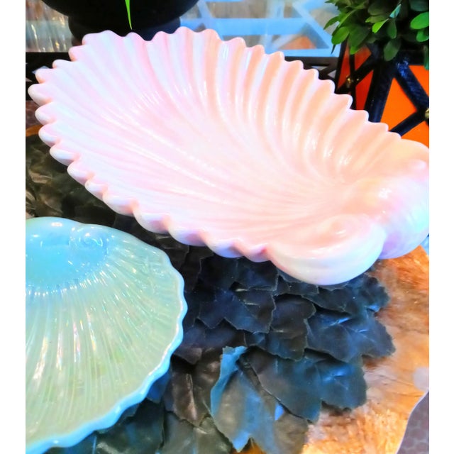 Serena & Lily Coastal Shimmery Metallic Pink, Green Seashell Shaped Catchalls Plates- a Pair For Sale - Image 4 of 8