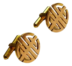 1960s 14k MCM Round Chinese "Longevity" Cufflinks Circle Cut Men's Cufflinks, Pair