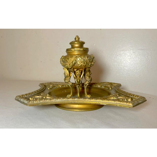 Antique Ornate 1800's Victorian Gilt Bronze Griffin Brass Desk Inkwell Stand Jar For Sale - Image 13 of 17