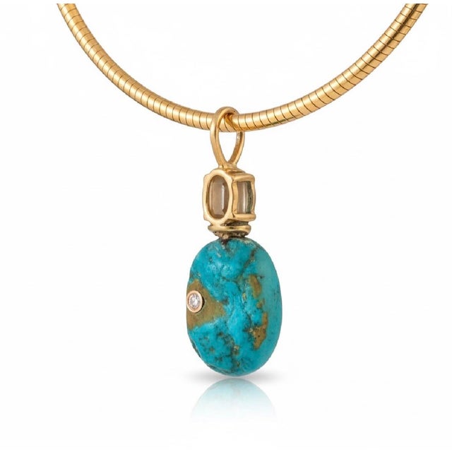 Metal Turquoise, Emerald, Diamond & 14k Gold Pendant For Sale - Image 7 of 8
