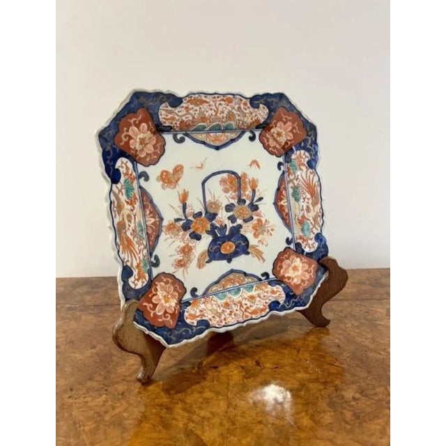 Fine Quality Antique Hand Painted Japanese large Imari square plate with a shaped scalloped edge, hand painted panels with...