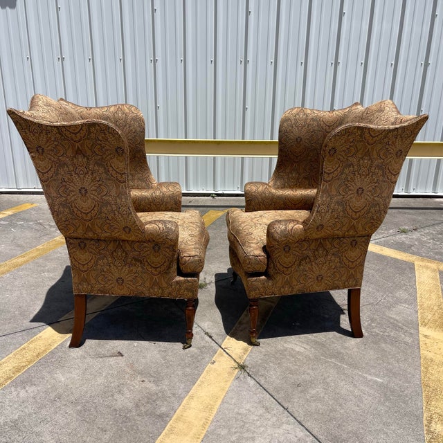 Textile Victorian Style Damask Upholstery Wingback Chairs by Southwood, a Pair For Sale - Image 7 of 17