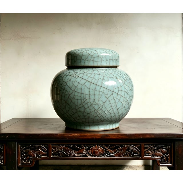 Art Deco Chinese Ceramic Pot Guan Ware Crackle Glaze Celadon Tea Jar For Sale - Image 3 of 11