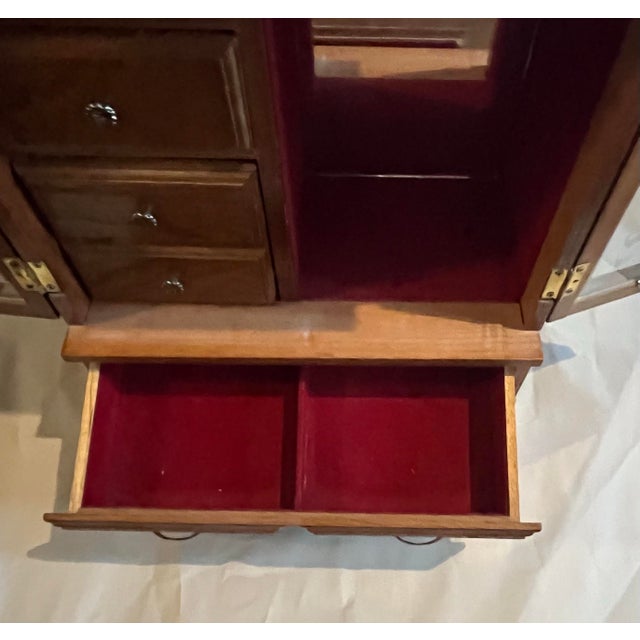 1970s Large Vintage Jewelry Box Armoire Chest 16" Wood 2 Floral Rose Etched Glass Doors 5 Drawers Red Velvet Mirror Hooks Cottage Core For Sale - Image 5 of 10