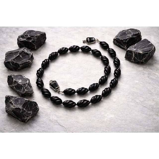 Black Art Deco Style Black Onyx Beaded Necklace, Sterling Silver Clasp, 21.5" For Sale - Image 8 of 8