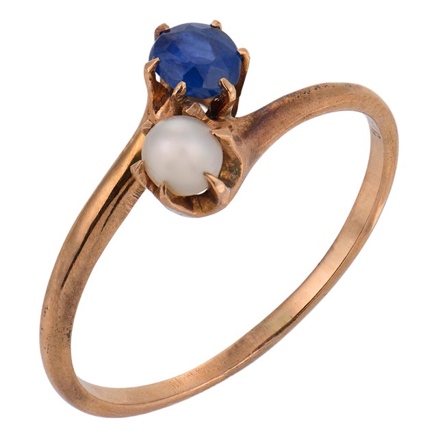 Early 20th Century Victorian Sapphire Pearl Low Karat Gold Toi Et Moi Ring, Size 6.25 For Sale