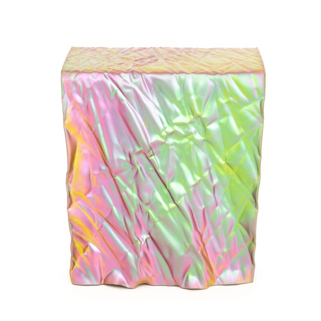 Christopher Prinz (American, XX-XXI) "Wrinkled Stool", bent and iridized sheet steel. 18.75" H x 17" W x 13" D....