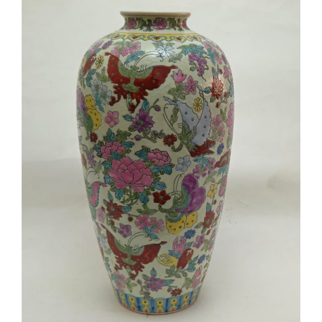 Mid Century Chinese Mille Fleurs Famille Rose 14" Tall Vase Large and lush ceramic vase, fully covered in hand painted...