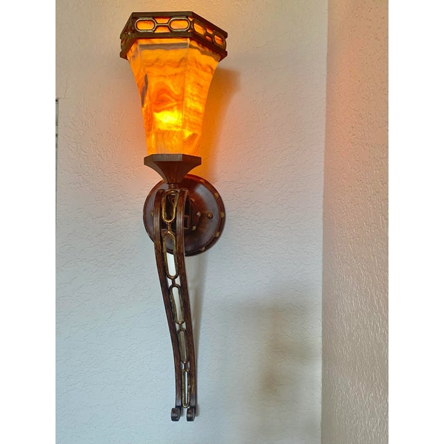 Traditional Exquisite Pair of Vintage Alabaster and Metal Torchiere Sconces Mint Condition For Sale - Image 3 of 12