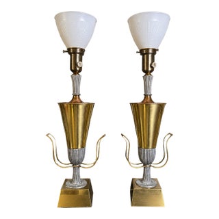 1960s Art Deco Tommi Parzinger Brass Copper Table Lamps Mixed-Metal Sculptural with Glass Shades - Pair For Sale