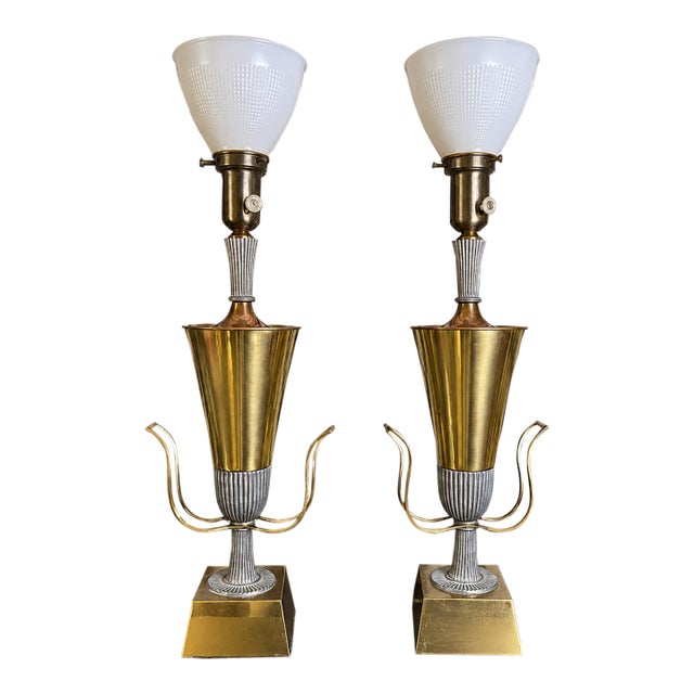 1960s Art Deco Tommi Parzinger Brass Copper Table Lamps Mixed-Metal Sculptural with Glass Shades - Pair For Sale