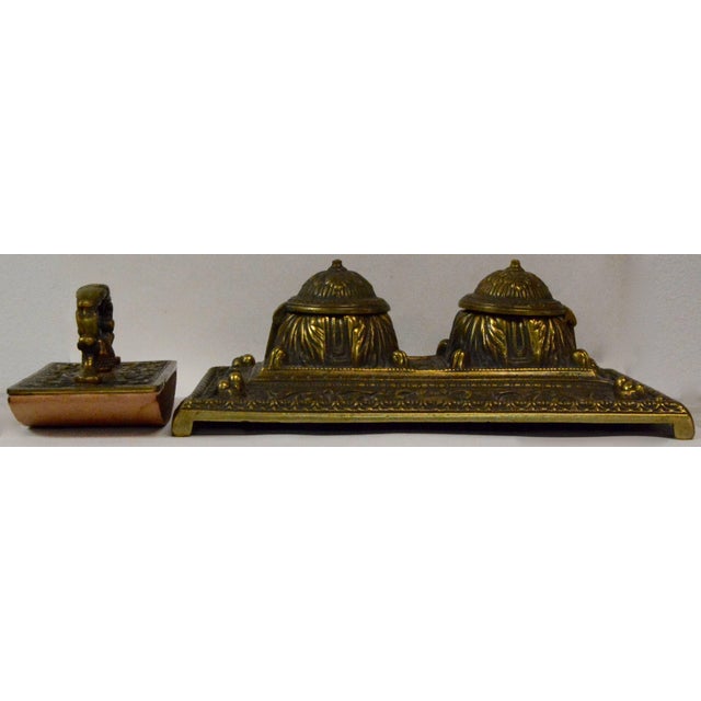 Late 19th Century Victorian Bronze English Inkwell Set With Rocking Blotter For Sale - Image 5 of 11