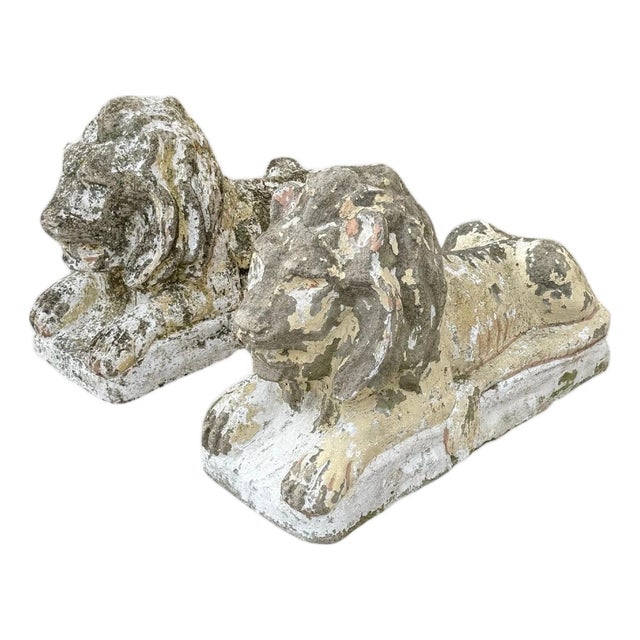 Vintage Classical Style Cast Cement Concrete Guardian Entry Lions - Pair For Sale