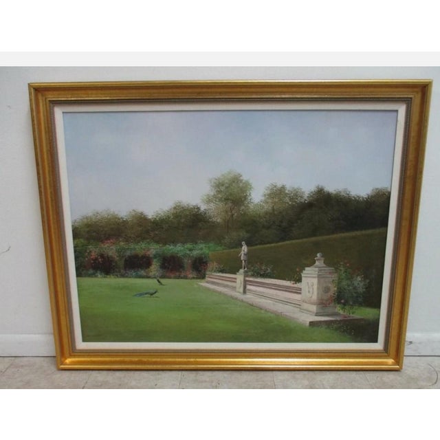 Art Nouveau 1980s French Gold Gilt Carved Framed Peacocks Audubon Lawn Oil Painting For Sale - Image 3 of 7