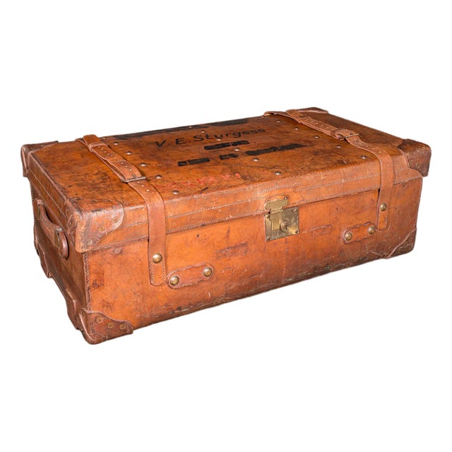 Large Antique Trunk Case, English, Leather, Suitcase, Shop Display, Edwardian For Sale