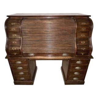 Antique-Style Roll Top Desk | Solid Wood Dark Oak Brown Curved Tambour Front For Sale