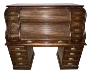 Antique-Style Roll Top Desk | Solid Wood Dark Oak Brown Curved Tambour Front