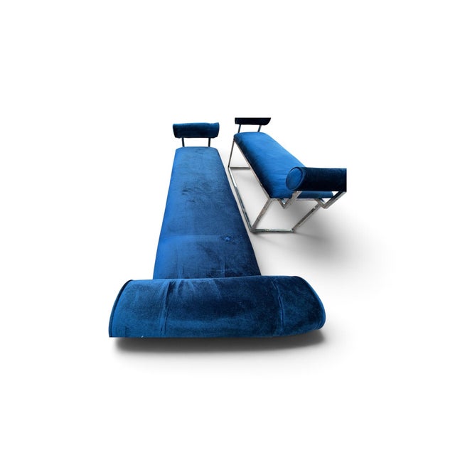 Pair of Hollywood Regency Cobalt Blue Velvet & Chrome Benches For Sale - Image 9 of 11