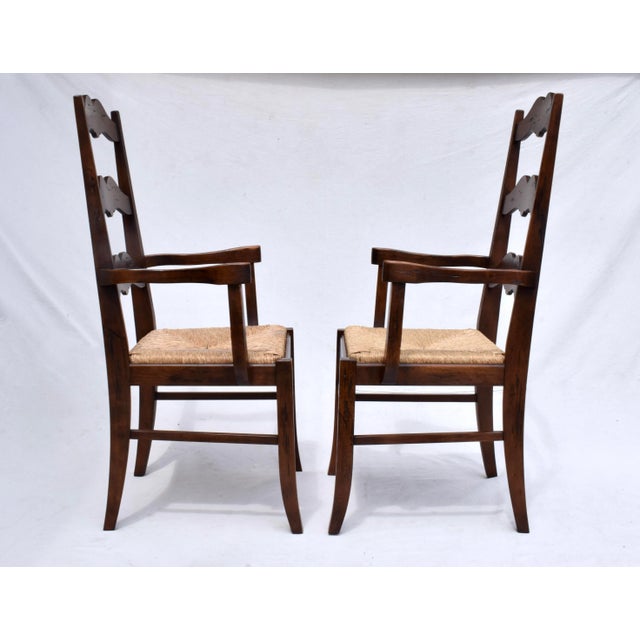 Burnt Umber Late 20th Century European Ladder Back Folk Rush Seat Arm Chairs For Sale - Image 8 of 11