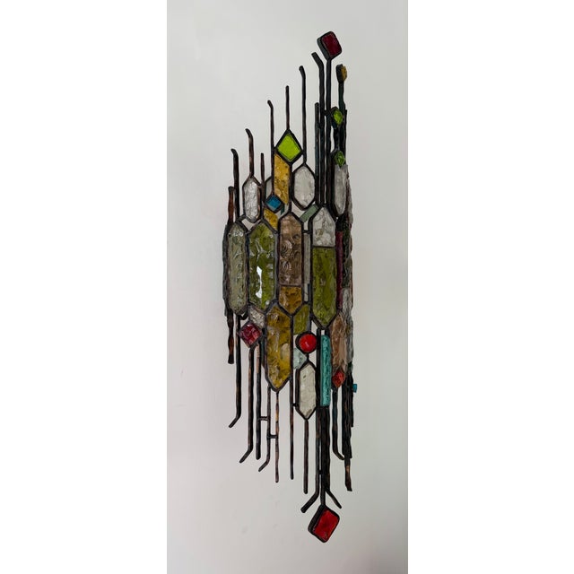Green Large Pair of Hammered Glass Wrought Iron Sconces by Longobard, Italy. 1970s For Sale - Image 8 of 15