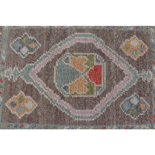 Brown Small Turkish Oushak Rug With Soft Brown Ground and Geometric Pastel Motifs For Sale - Image 8 of 10
