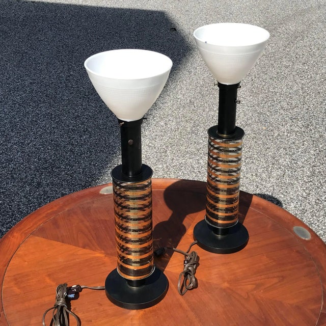 Mid-Century Modern Mid-Century Modern Black & Gold Enameled Spiral Glass Table Lamps - a Pair For Sale - Image 3 of 13