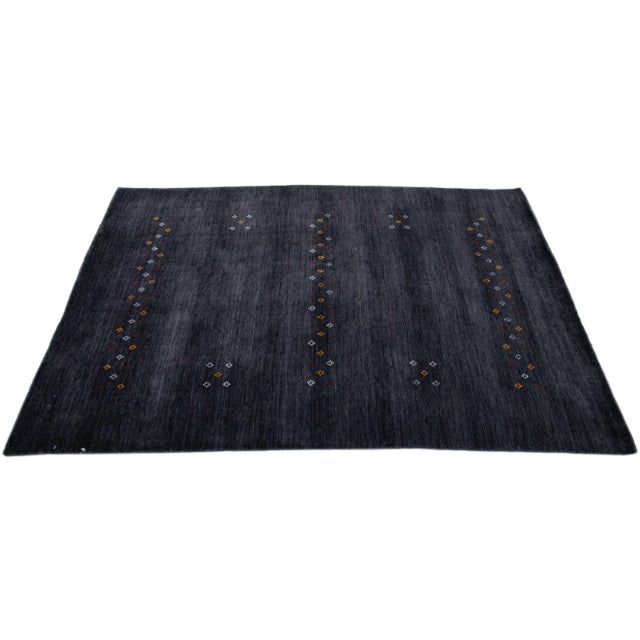 Modern Gabbeh Style Handmade Charcoal Wool Rug With Minimalist Design For Sale - Image 4 of 7
