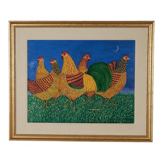 Vintage Painting of Roosters by Sara Barnes For Sale