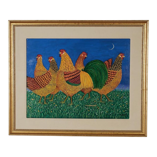 Vintage Painting of Roosters by Sara Barnes For Sale