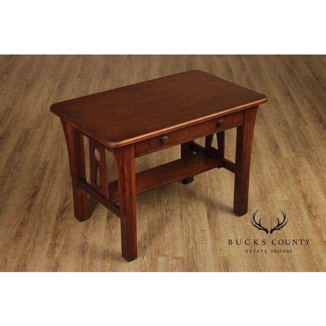 High Quality American Made Antique Early 20th Century Mission Oak Writing Table Featuring A Rectangular Solid Quarter Sawn...